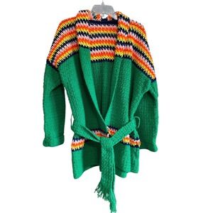 Vintage Handmade Green Chunky Knit Crochet Belted Cardigan Sweater Belt L/XL